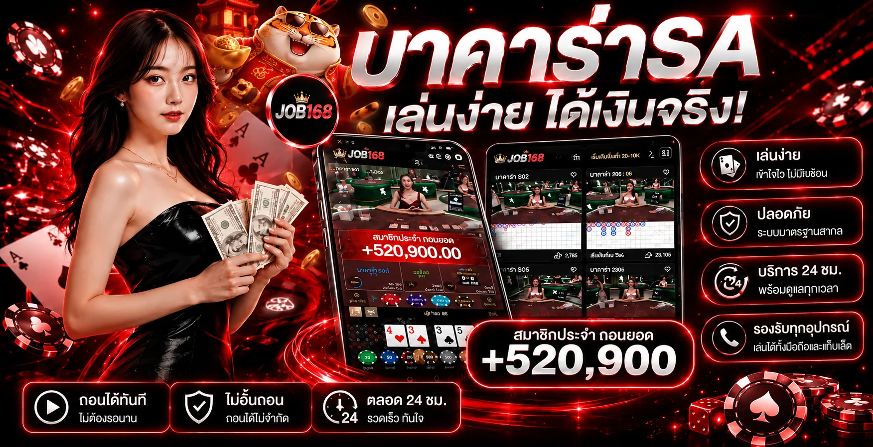 ภาพคาสิโนสด job168 โทนแดงดำพร้อมมาสคอตเกม